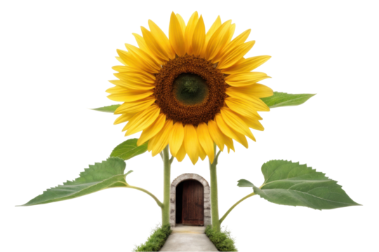 PNG Surreal sunflower house with doorway and leafy pathway
