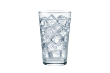 PNG Glass of ice cubes in transparent tumbler on white background