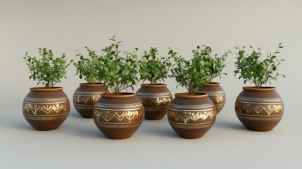Golden-trimmed pots with flourishing symbolic trees viewed from the top