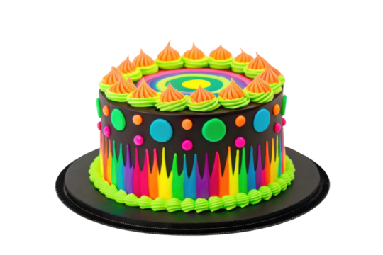 PNG Vibrant neon rainbow cake with colorful icing and decorations on black background