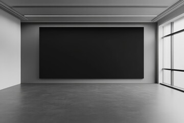 Empty gallery space with large black canvas