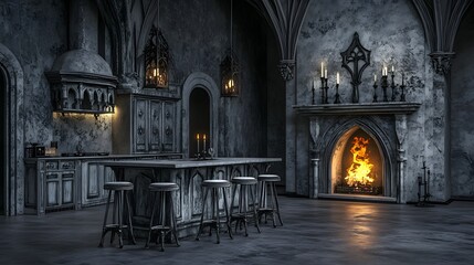 Fototapeta premium Dark gothic kitchen interior with a fireplace.