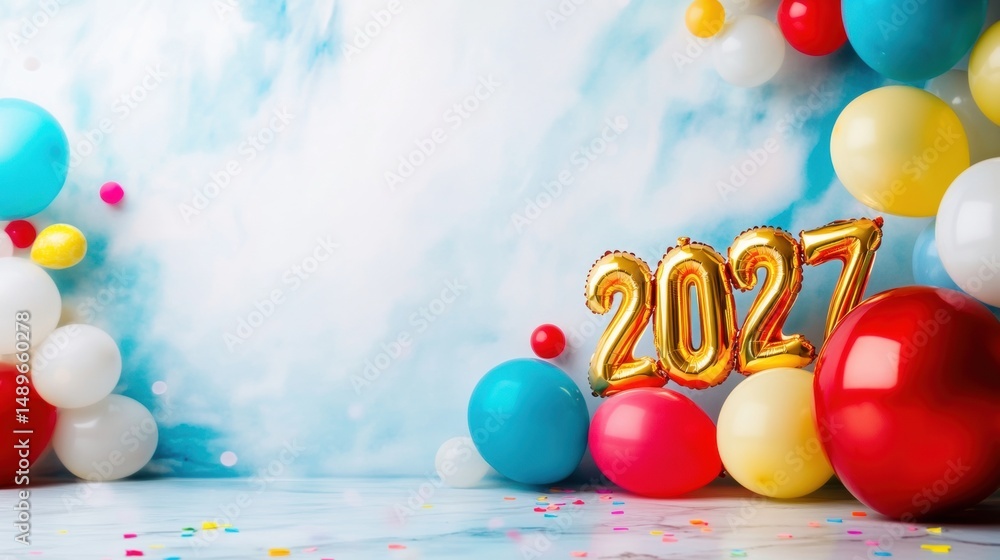 Aufkleber vibrant balloons and large golden numbers signify a festive setup for new year's event, creating an 