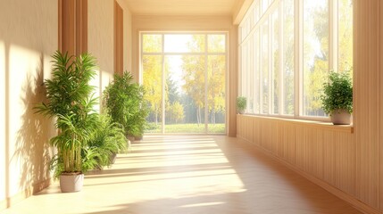 Obraz premium Sunny, light-filled hallway with large windows, showcasing a serene autumnal view. Plants in planters line the sides, casting shadows on the light wood floor