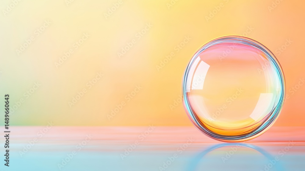 Poster a single soap bubble rests on a smooth surface, reflecting light and colors against a soft pastel ba