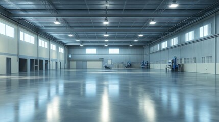 Obraz premium Empty modern warehouse interior, polished floor, industrial lighting, background machinery