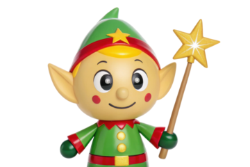 PNG Cartoon elf toy with star wand in festive green and red outfit