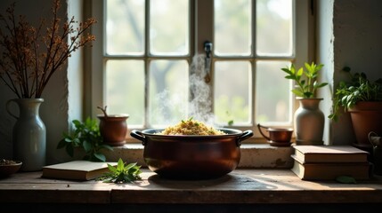 Fototapeta premium Warm, fragrant grain dish steams gently in a rustic kitchen setting, bathed in soft sunlight streaming through a window, accompanied by herbs and books on a wooden table