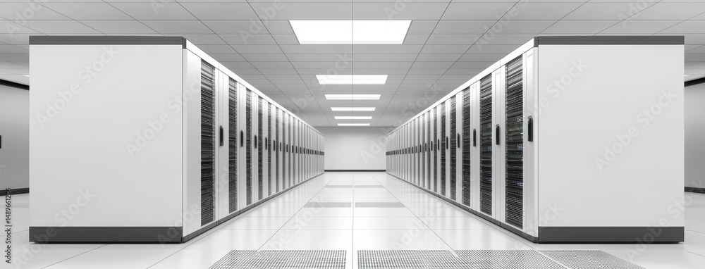 Poster modern data center with rows of server racks and bright lighting