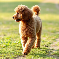 Fototapeta premium Cute white dog walking indoors during daylight in a bright and cheerful setting