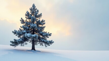 Obraz premium Solitary Pine Tree in a Snowy Landscape at Sunrise, a Serene Winter Scene