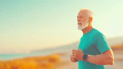 An active senior man jogs along the shoreline during early morning, enjoying the fresh air and peaceful atmosphere of the beach