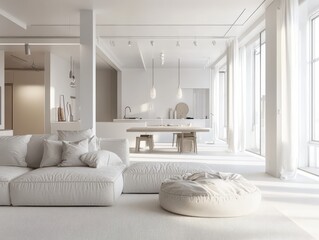 A modern minimal home interior with neutral coloration and furniture