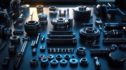 Set of automotive gears arranged precisely on a dark workbench