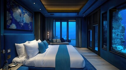 Luxurious underwater bedroom suite with ocean views.
