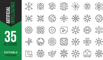 Artificial Intelligence Line Icon Set – Editable Stroke Vector Illustration

