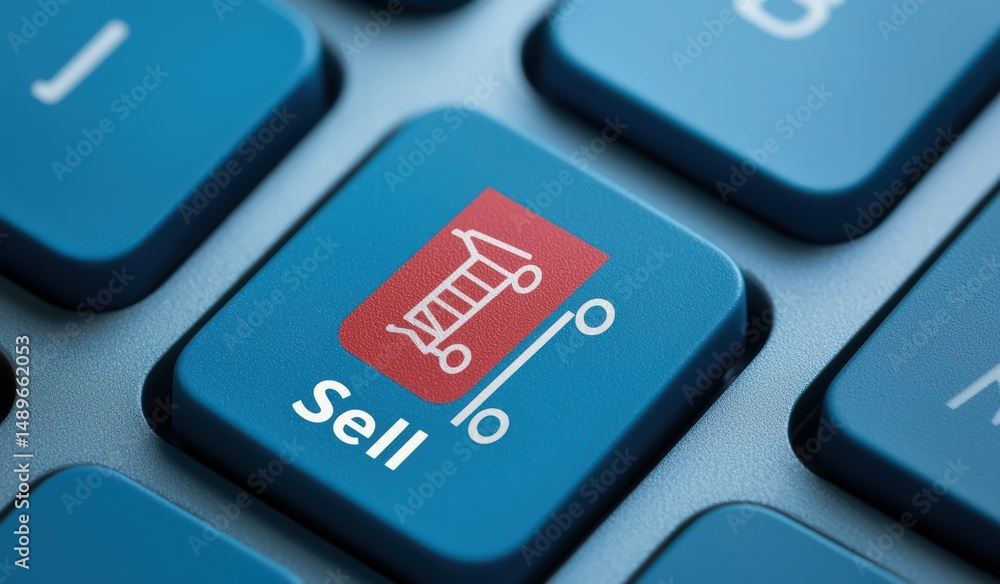 Poster close-up of sell button on computer keyboard for e-commerce concepts