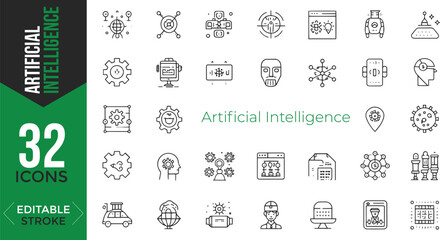 Artificial Intelligence Line Icon Set – Editable Stroke Vector Illustration

