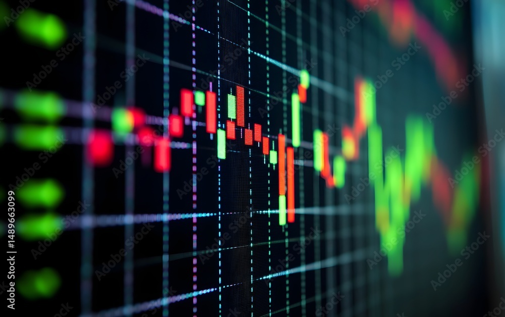 Poster a close-up view of a financial trading chart displaying fluctuating market trends with vivid red and
