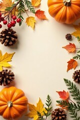 Autumnal Harvest Scene with Pumpkins, Pinecones, and Vibrant Fall Foliage Arranged in a Decorative Border