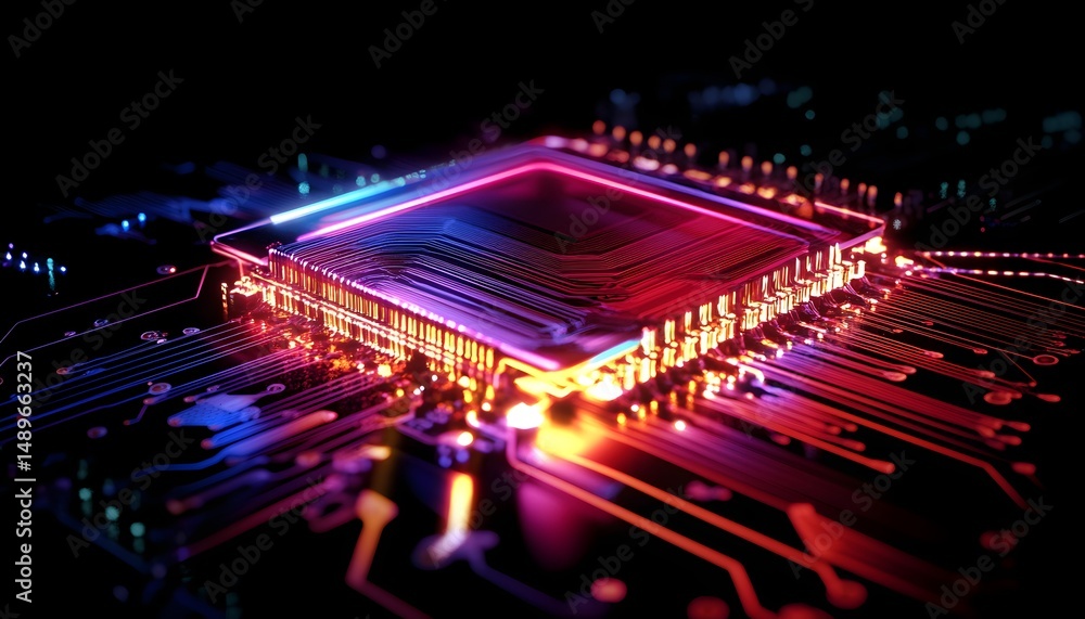 Poster a close-up view of a vibrant microprocessor with colorful circuits. the glowing lights highlight the