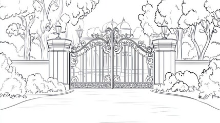 Ornate gate mansion entrance, leafy driveway