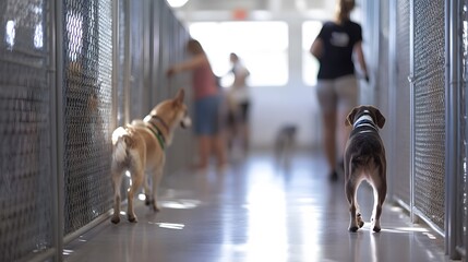 pet adoption center with friendly staff and dogs in kennels
