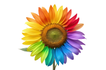 PNG Vibrant rainbow-colored sunflower with multicolored petals on black background