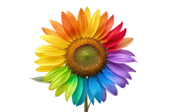 PNG Vibrant rainbow-colored sunflower with multicolored petals on black background