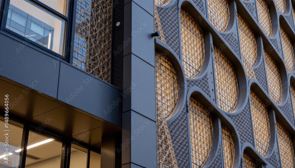 Aufkleber modern architectural facade with geometric patterns and ambient lighting in urban setting