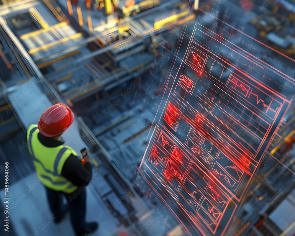 Poster a construction worker monitors building plans on a digital display, showcasing high-tech elements in