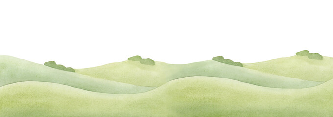 Countryside green hills, fields watercolor illustration isolated on white. Minimalist rural landscape backgrounds for summer farm designs. Horizontal meadows panoramic clipart or banner template