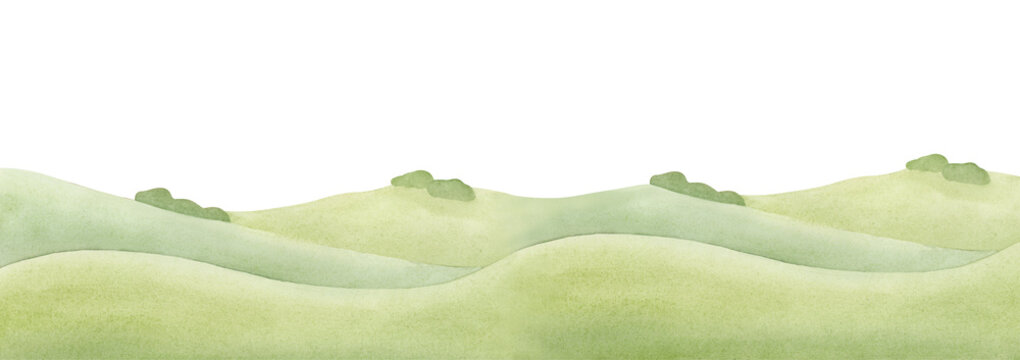 Countryside green hills, fields watercolor illustration isolated on white. Minimalist rural landscape backgrounds for summer farm designs. Horizontal meadows panoramic clipart or banner template