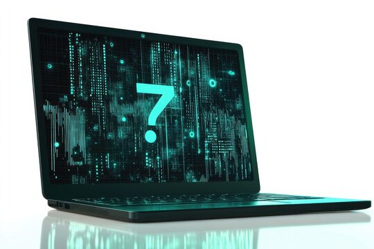Laptop displaying a question mark amidst digital code - Powered by Adobe
