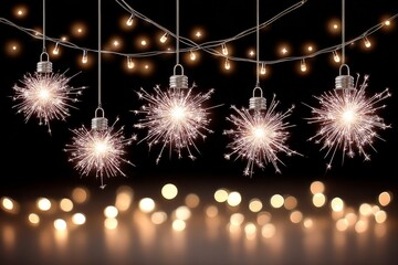 A backyard party with sparklers, string lights, and distant fireworks
