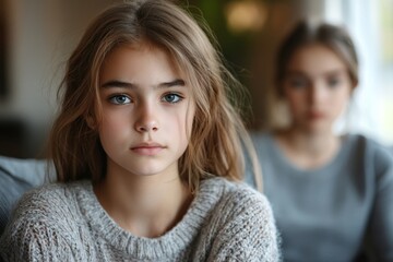 Unhappy teen girl feeling sad after argument with mother, teenager sitting separately on sofa at home, upset child having misunderstandings with mom