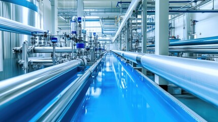 Industrial plant pipes, process, facility, blue floor, manufacturing