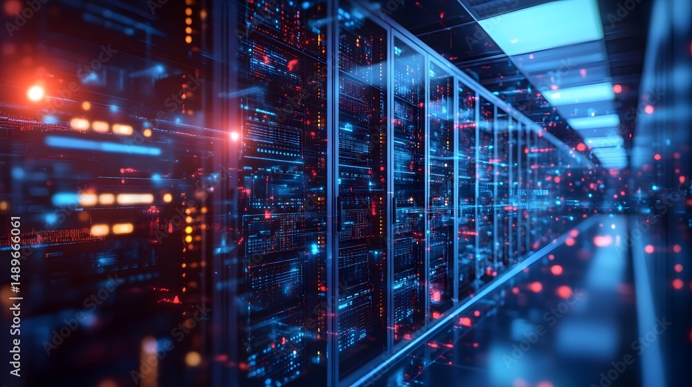 Poster a futuristic server room filled with vibrant lights and digital graphics, showcasing the advanced in