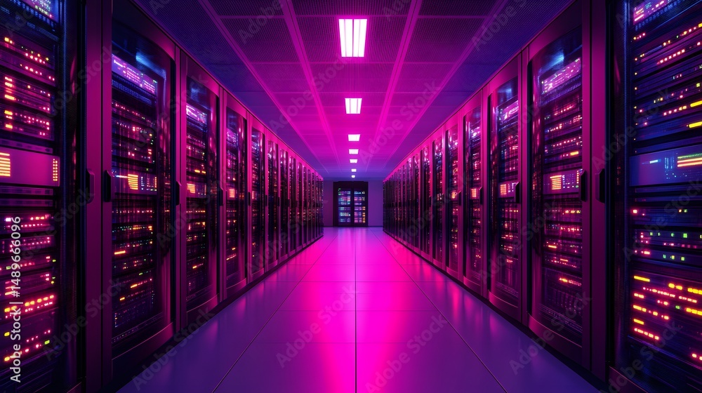 Poster a futuristic server room illuminated with vibrant purple lights, showcasing high-tech servers lined 