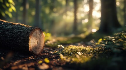 Obraz premium Sunlit Forest Log Nature's tranquility, mossy ground, sunbeams