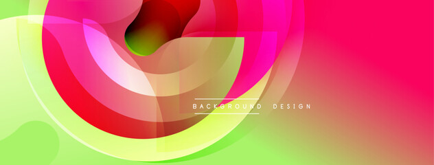 Abstract vibrant layers create flowing shapes. Gradient colors blend, forming dynamic visual effect. Modern design element.