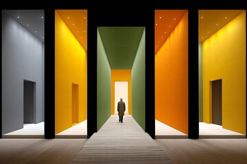 A dramatic stage set with giant vertical banners in tricolor formation