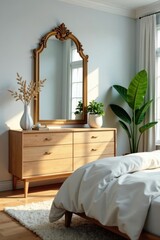 Serene Bedroom Sanctuary Sunlight Illuminates Light Wood Dresser, Ornate Mirror, and Fluffy Bedding