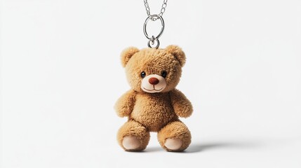 Small teddy bear keychain, light brown fur, silver chain, hangs against white background
