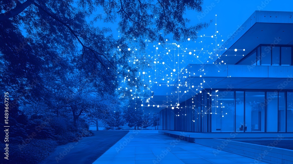 Poster a modern architectural design featuring a sleek building enhanced by a unique blue lighting effect. 