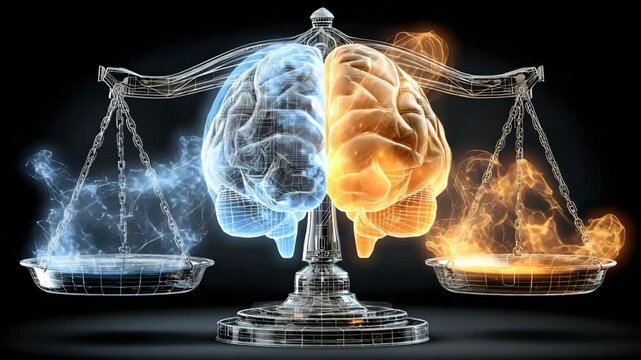 AI law breakdown AI governance and regulation brain conflict, ethical AI governance and regulation justice scale, broken AI governance and regulation law balance ethical decision fracture 