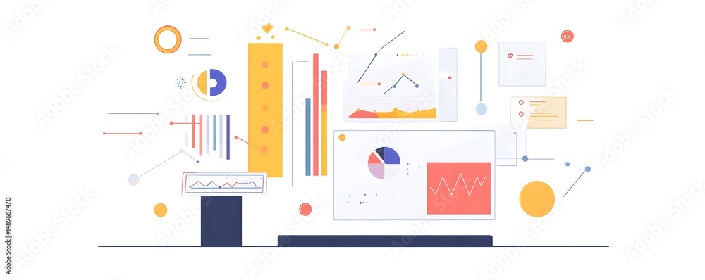 Poster a modern digital workspace illustration featuring colorful graphs, charts, and data visualizations, 