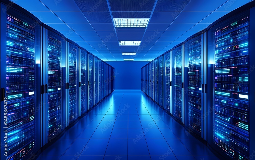 Poster a modern data center illuminated in blue light, featuring rows of high-performance servers. this ima