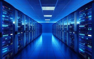 A modern data center illuminated in blue light, featuring rows of high-performance servers. This image conveys innovation and advanced technology in a secure computing environment.
