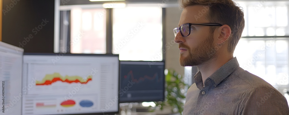 Poster a professional man analyzes data on multiple computer screens in a modern office setting, showcasing